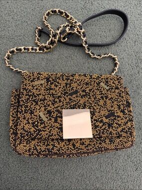 Purificacion Garcia  Beaded Black and Gold Crossbody Bag with Chain Strap